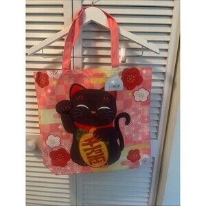 #2333**”16x18” Lucky Maneki-Neko Cat Tote Bag in Pink